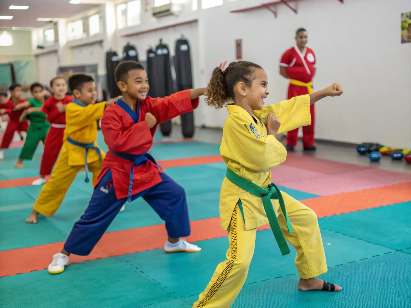 A diverse group of children participating in a structured physical activity session, emphasizing teamwork, discipline, and respect in a safe and supportive environment.