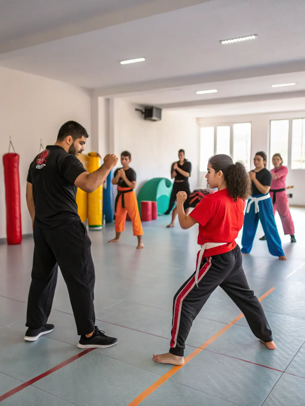 Children participating in a structured physical activity session, learning basic martial arts moves under the guidance of a certified instructor, emphasizing discipline and respect.