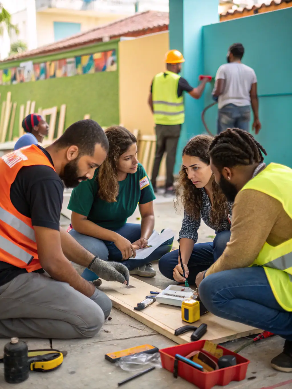 A group of volunteers organizing equipment and preparing for a community safety event, showcasing SMA 18's active involvement in local safety initiatives.