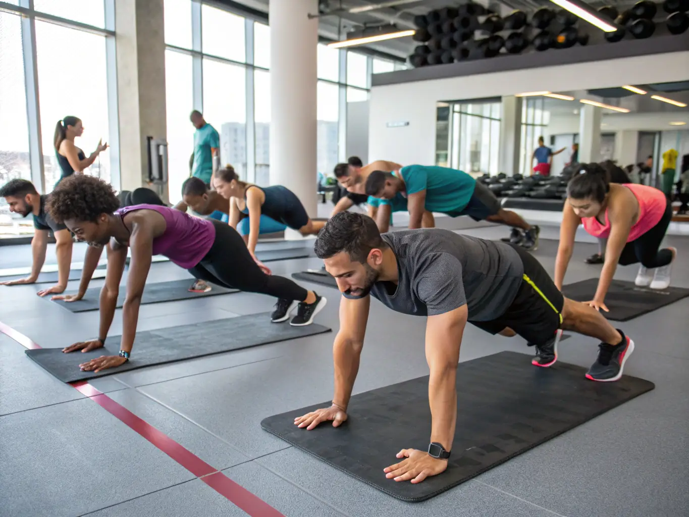 A diverse group of individuals engaging in a structured physical activity session, promoting fitness, discipline, and mutual respect, held in a gymnasium.