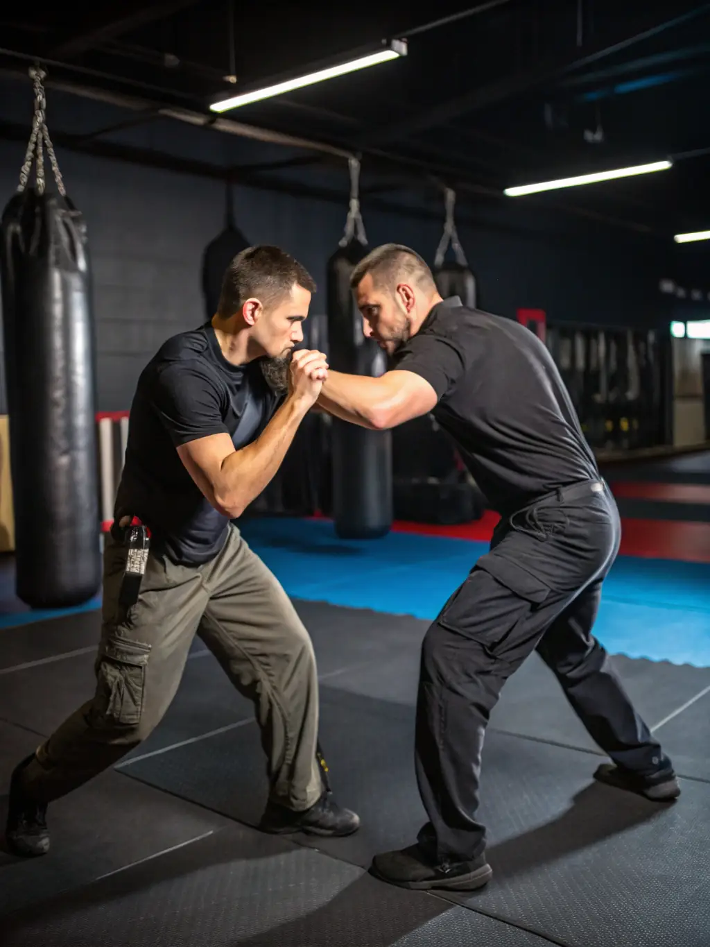 A certified instructor demonstrating advanced self-defense techniques to a group of law enforcement trainees, highlighting SMA 18's role in professional development.