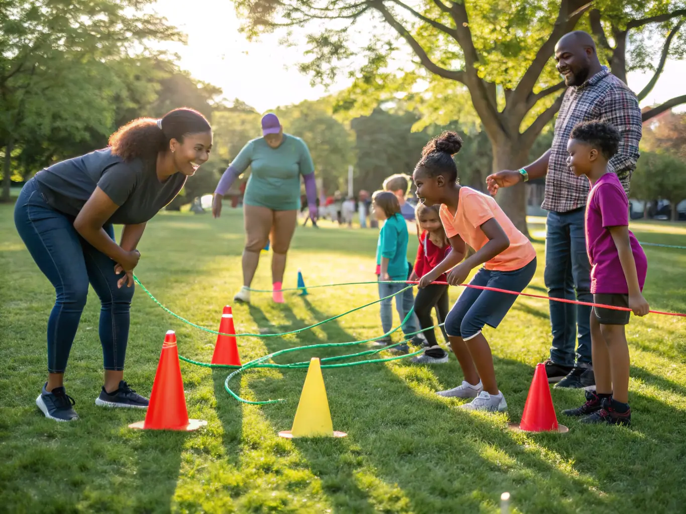A group of children participating in a structured physical activity session, led by a certified instructor. The setting is a safe and supportive environment, promoting teamwork and physical fitness.