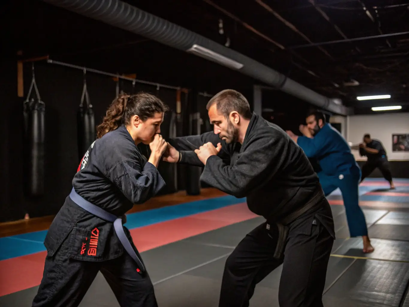 A group of adults practicing self-defense techniques in a dojo, focusing on wrist escape and block techniques, demonstrating practical skills and confidence.