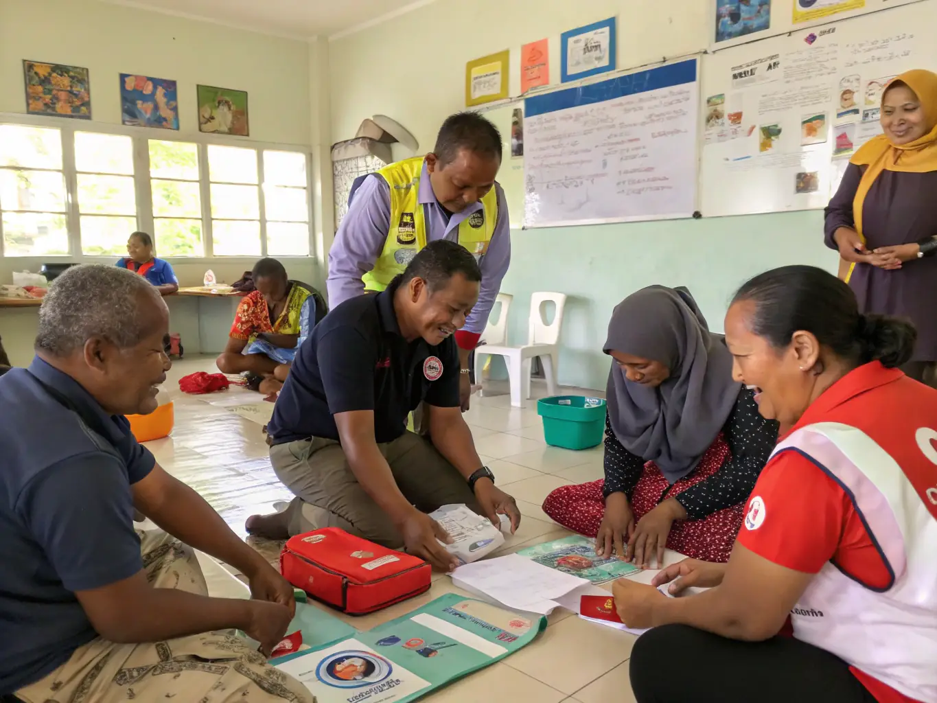 A diverse group of adults participating in a community safety workshop, learning about risk assessment and emergency response techniques. The atmosphere is collaborative and informative, emphasizing practical skills and knowledge.